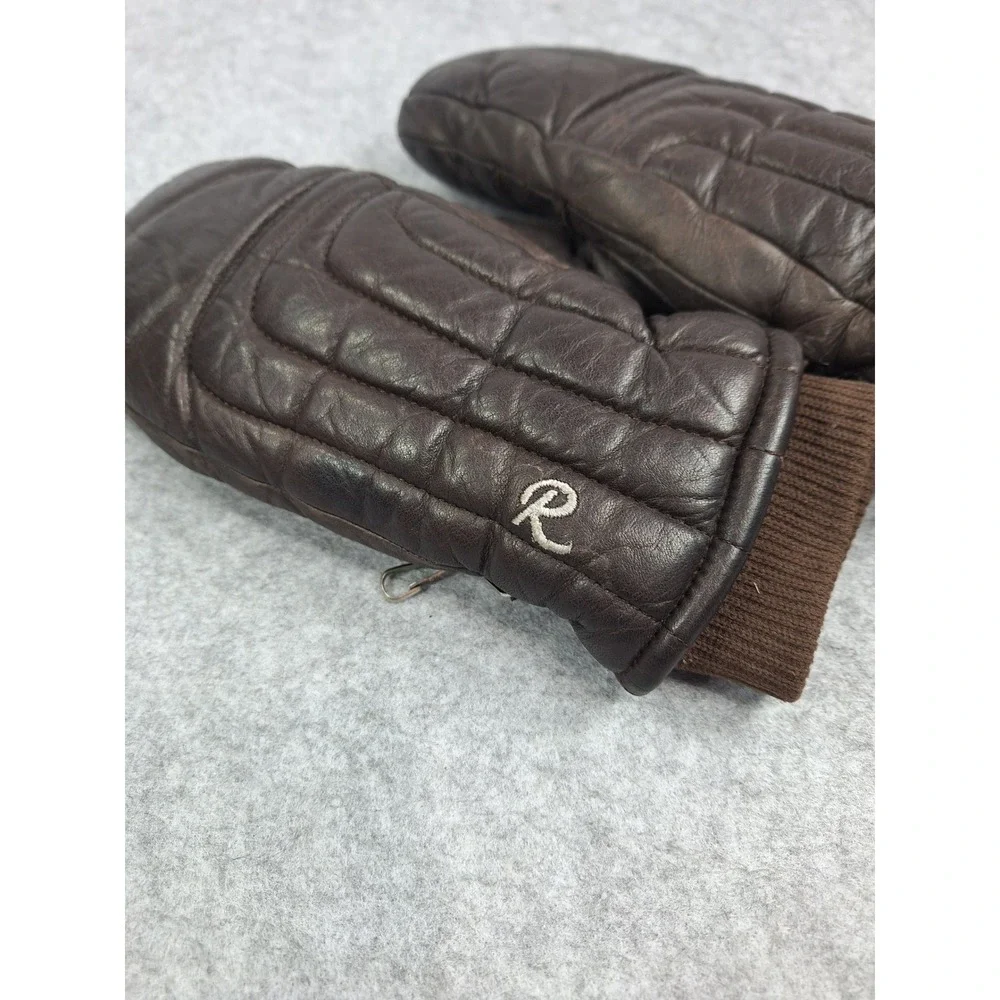Vintage Roffe Brown Leather Ski Mittens Japan Quilted Padded Ladies Small